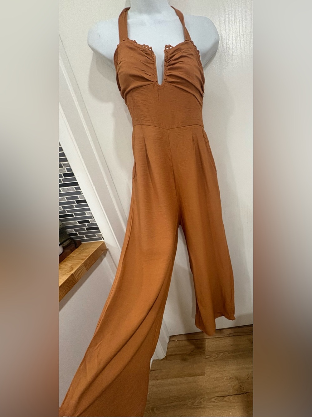 Bohemian festive casual Women's Halter Wide-Leg Jumpsuit — Rust